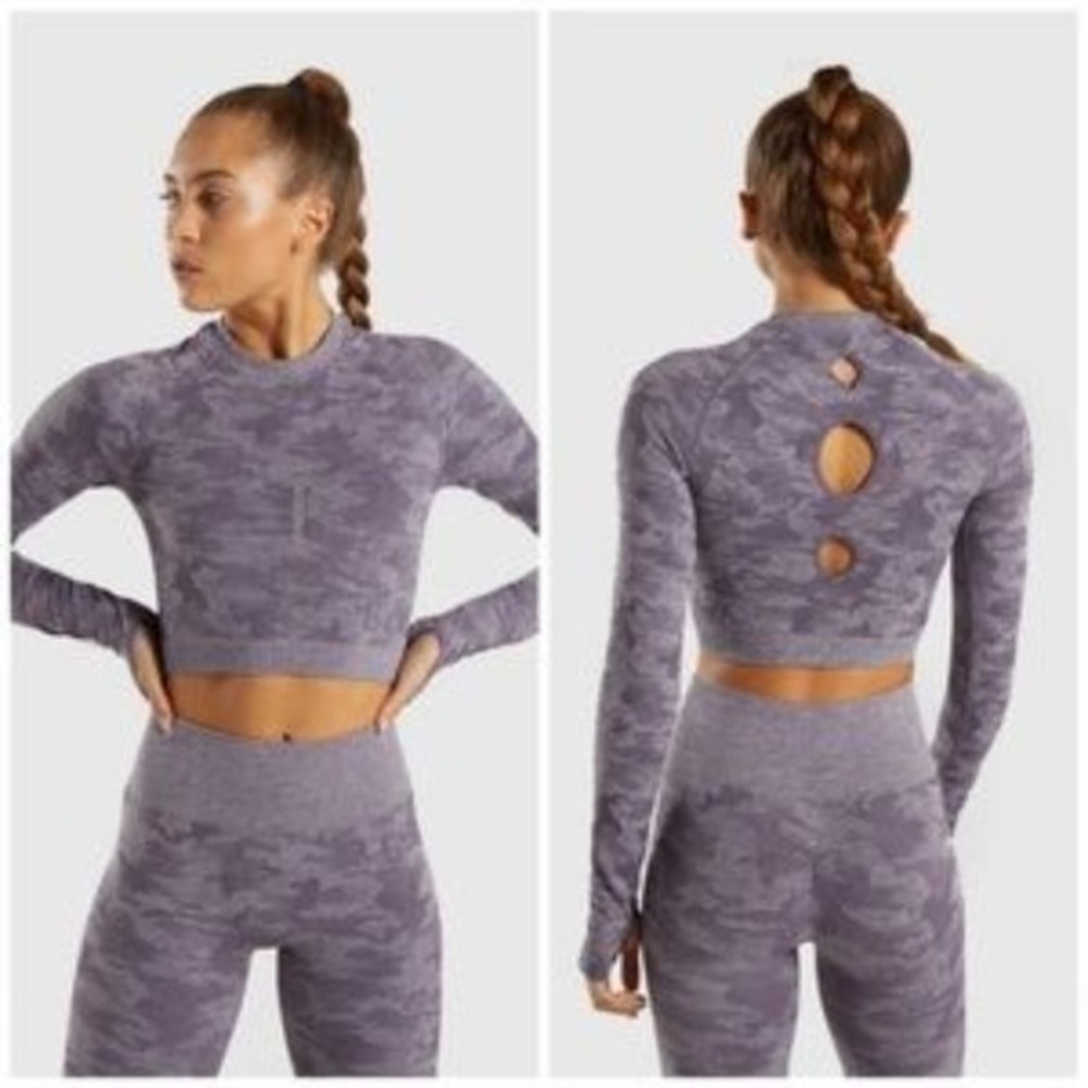 Gymshark lavender camo seamless long sleeve crop booty scrunch leggings set
